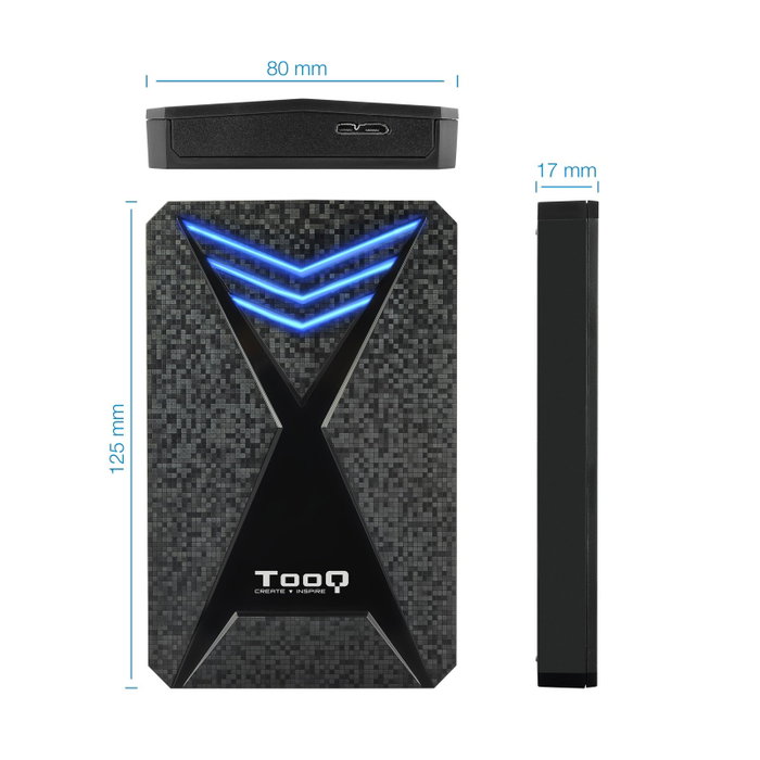 Tooq Caja Externia Gaming para HDD/SSD 2.5" hasta 9.5mm - SATA a USB 3.0/3.1 Gen 1 con Iluminación LED Azul - Sin Tornillos